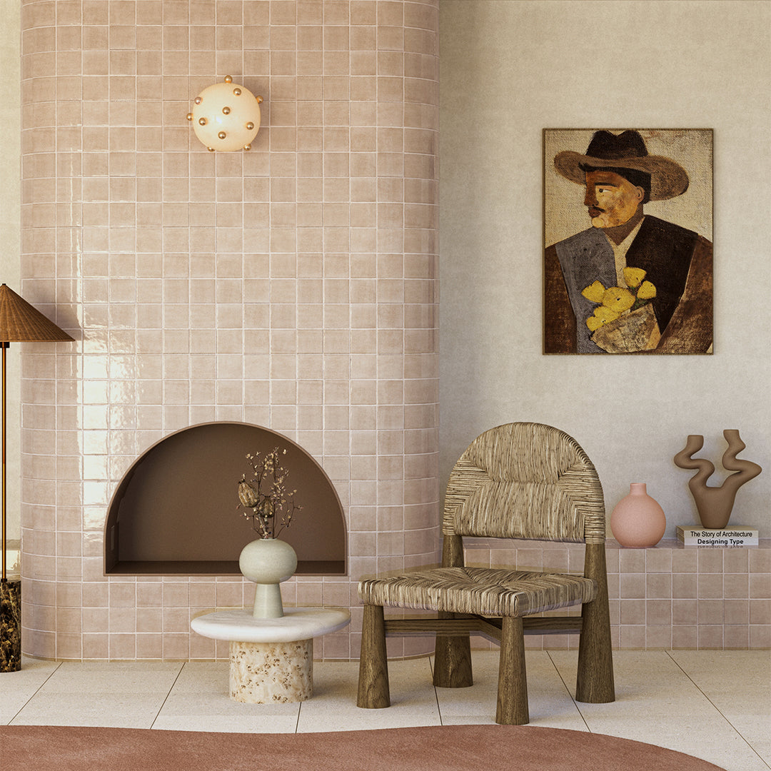 Modern interior with a textured wall, chair, and decorative elements.