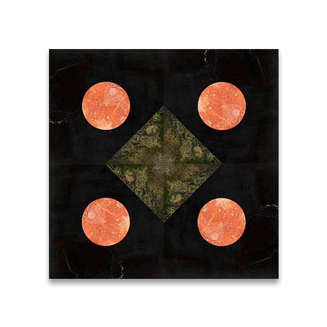 Decorative tile with a central green diamond and four orange circular designs on a black background