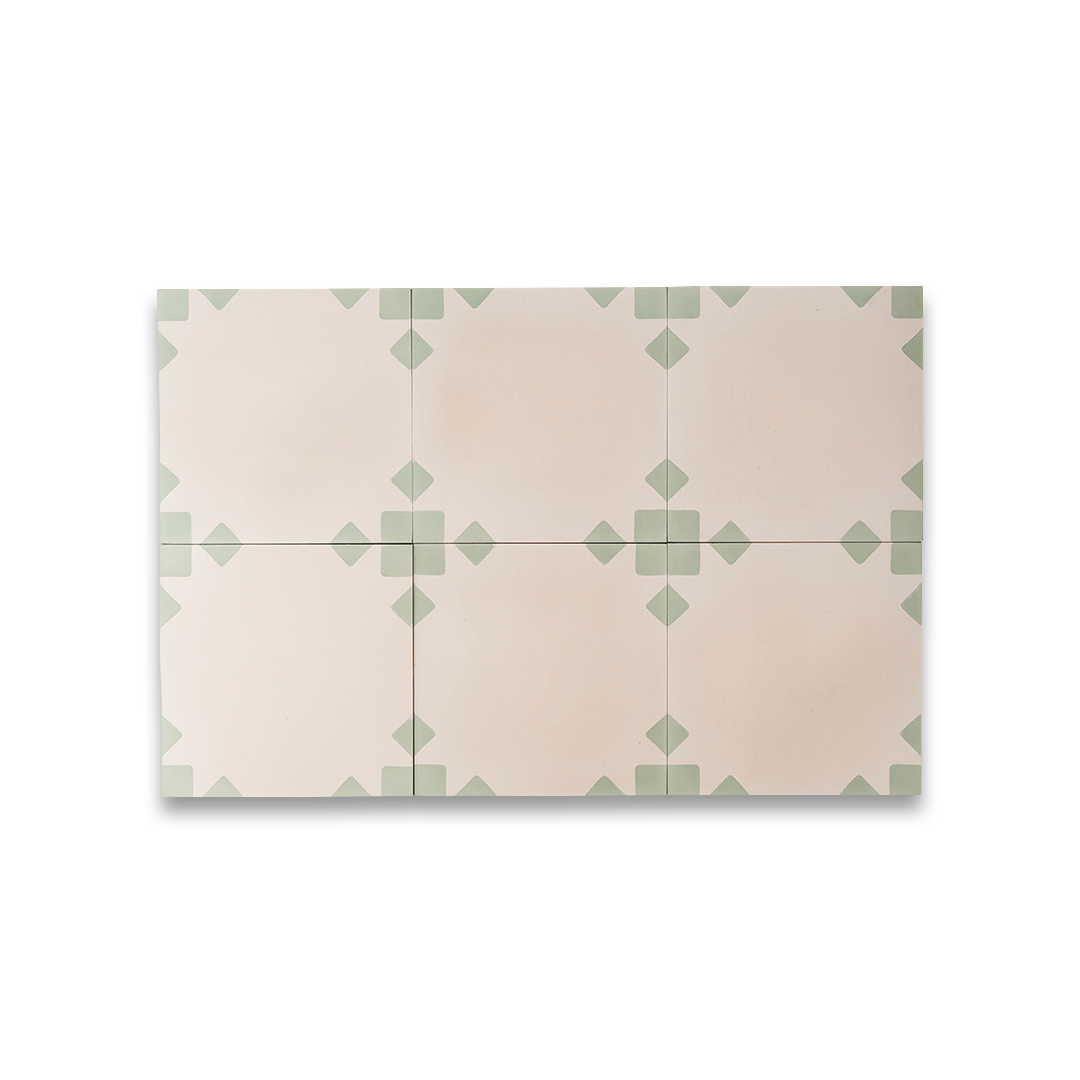 Contemporary cement tile featuring a soft beige base with subtle sage green corner accents, ideal for minimalist interiors, geometric wall layouts, or modern floor designs.