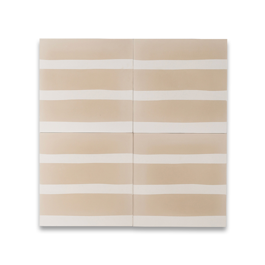 Cement beige and white tile showcasing vertical, hand-painted stripe patterns with a smooth matte texture, perfect for contemporary interiors, feature walls, or clean minimalist flooring designs.
