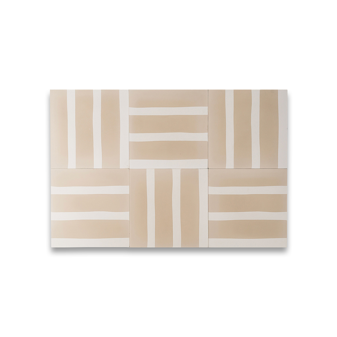 Cement beige and white tile showcasing vertical, hand-painted stripe patterns with a smooth matte texture, perfect for contemporary interiors, feature walls, or clean minimalist flooring designs.