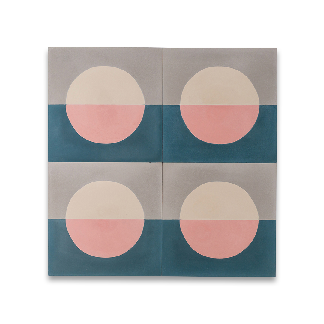 Cement tile featuring a minimalist geometric design with a pink and cream circle over teal blue and gray halves, matte finish, ideal for modern, abstract, or Scandinavian interiors.