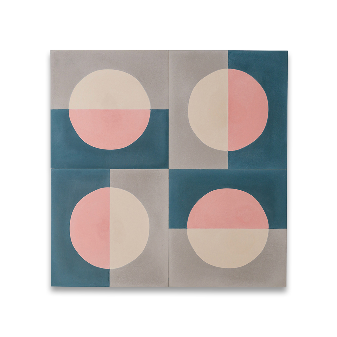 Cement tile featuring a minimalist geometric design with a pink and cream circle over teal blue and gray halves, matte finish, ideal for modern, abstract, or Scandinavian interiors.