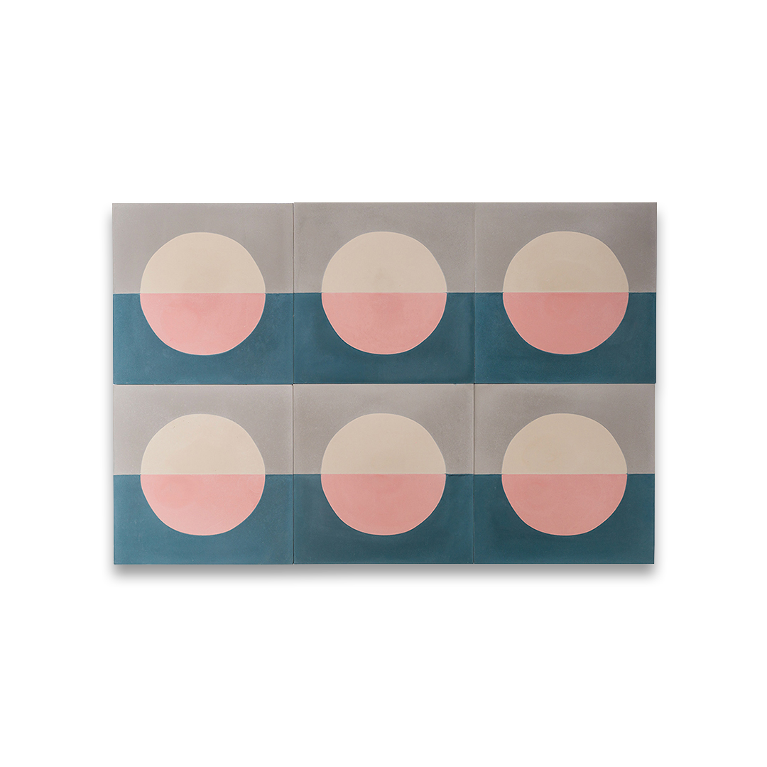 Cement tile featuring a minimalist geometric design with a pink and cream circle over teal blue and gray halves, matte finish, ideal for modern, abstract, or Scandinavian interiors.