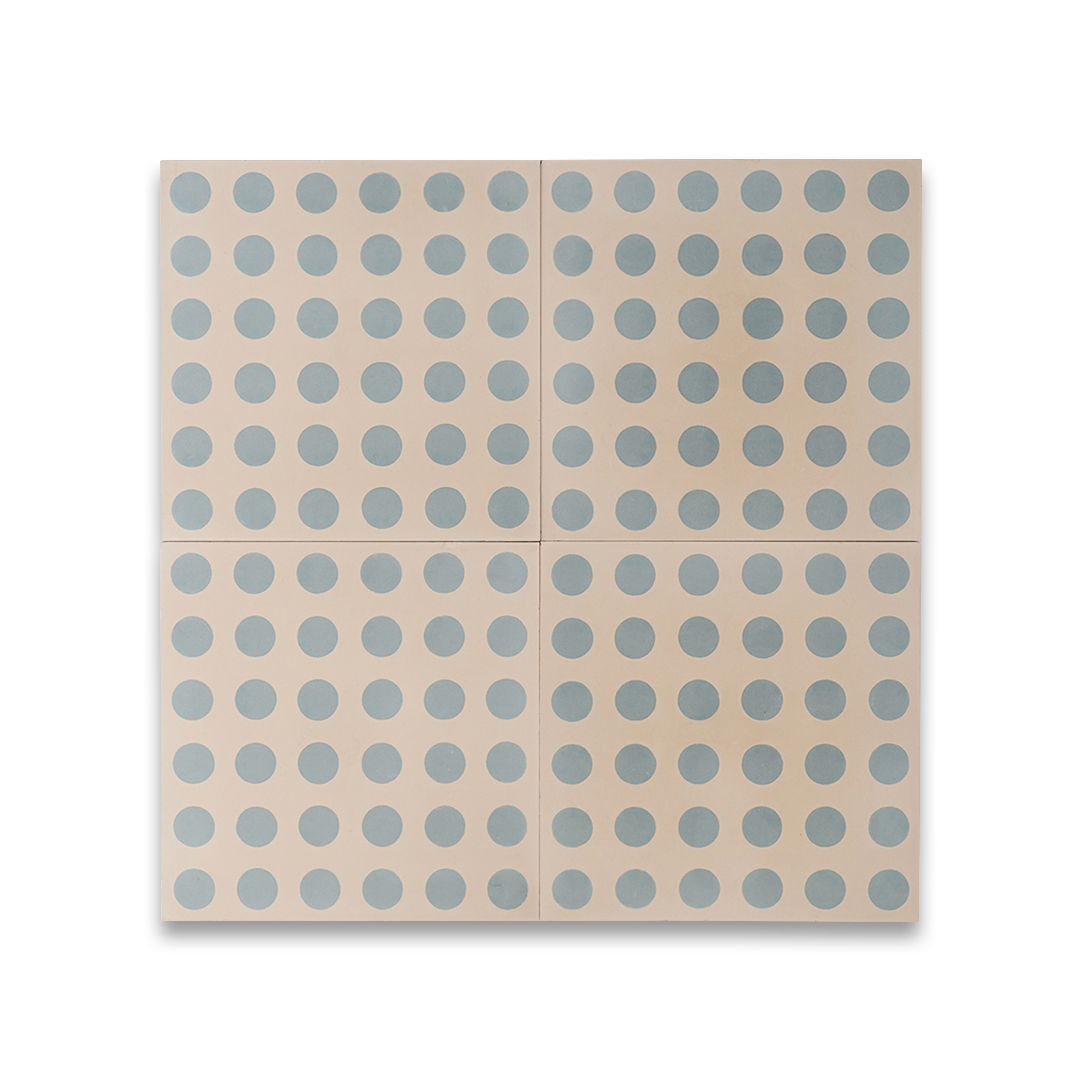 Beige cement tile featuring a repeating blue polka dot pattern, handcrafted matte finish, playful geometric design ideal for retro-inspired flooring, wall décor, and contemporary interior applications.