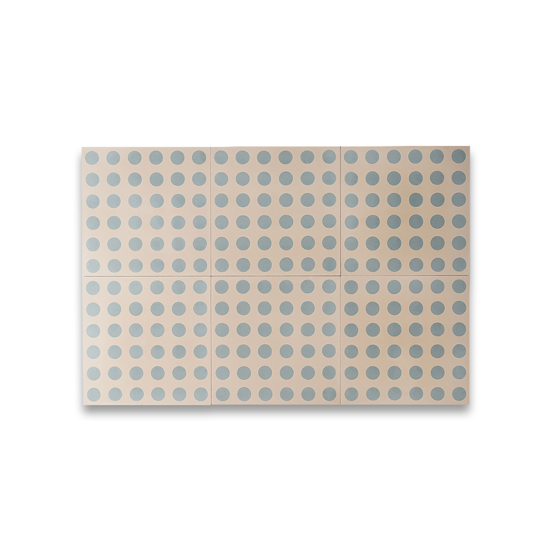 Beige cement tile featuring a repeating blue polka dot pattern, handcrafted matte finish, playful geometric design ideal for retro-inspired flooring, wall décor, and contemporary interior applications.