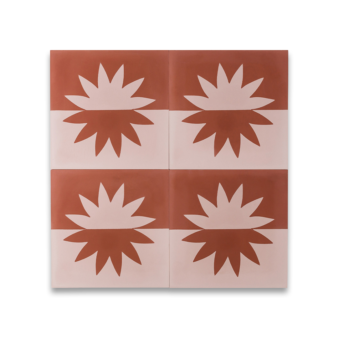 Cement tile featuring a mirrored floral sunburst motif in sunny burgundy and dirty pink tones, matte finish, ideal for Mediterranean, bohemian, or modern interior flooring and wall décor applications.