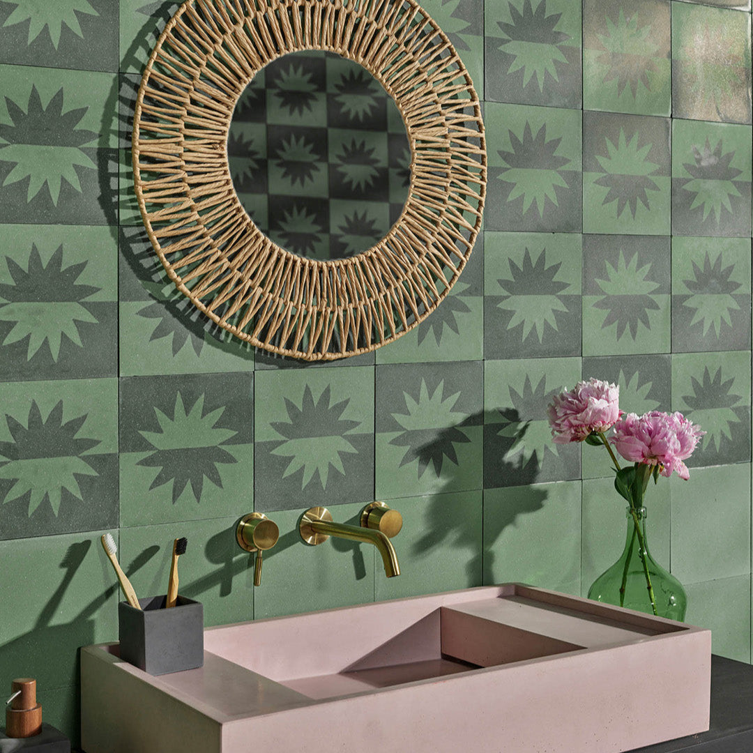 A mirrored floral motif in sage green and light beige tones, matte finish, ideal for modern, Mediterranean, or bohemian interior flooring and wall décor applications.