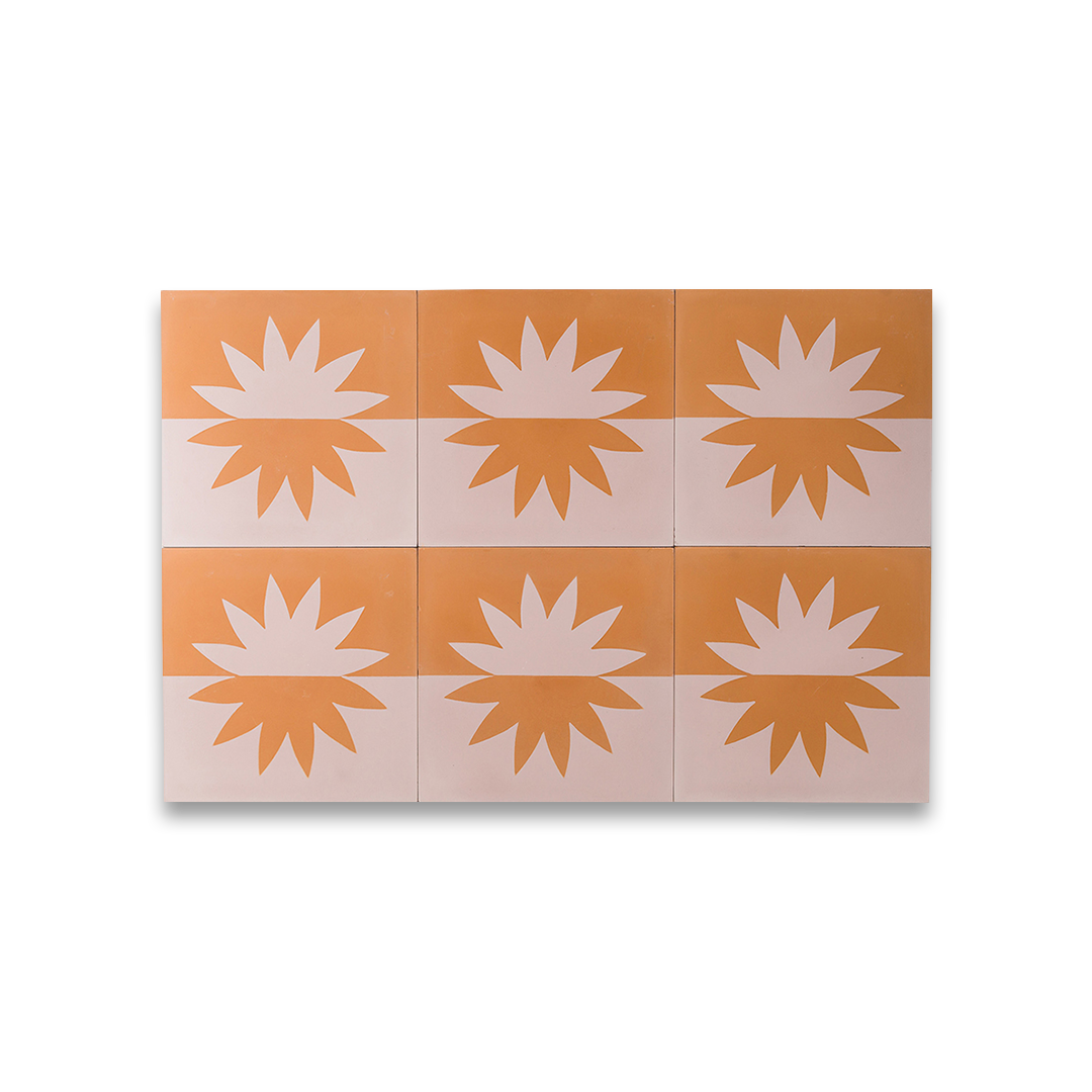 Cement tile featuring a melon orange and soft pink color palette with a mirrored floral sunburst motif, matte finish, ideal for Mediterranean, bohemian, or modern interior flooring and wall décor applications.