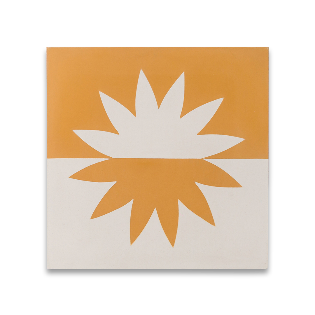 Cement tile featuring a bold geometric sunburst motif in warm ochre orange and white, matte finish, ideal for Mediterranean, bohemian, or contemporary interior flooring and wall décor applications.