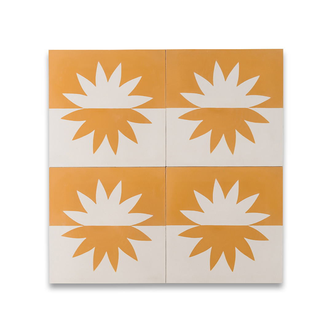 Cement tile featuring a bold geometric sunburst motif in warm ochre orange and white, matte finish, ideal for Mediterranean, bohemian, or contemporary interior flooring and wall décor applications.