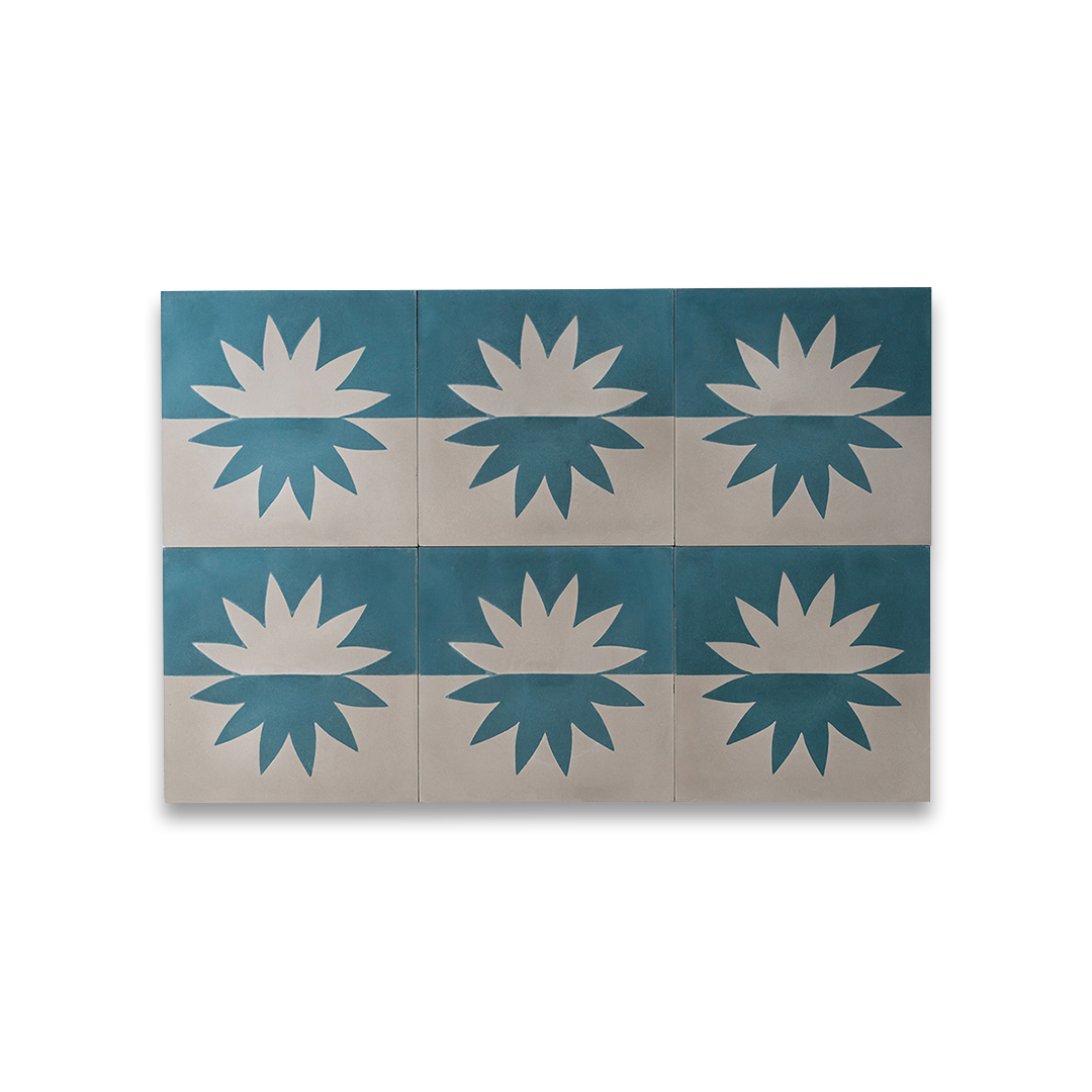 A mirrored floral sunburst pattern in teal blue and light gray tones, matte finish, ideal for modern, Mediterranean, or contemporary interior flooring and wall décor applications.