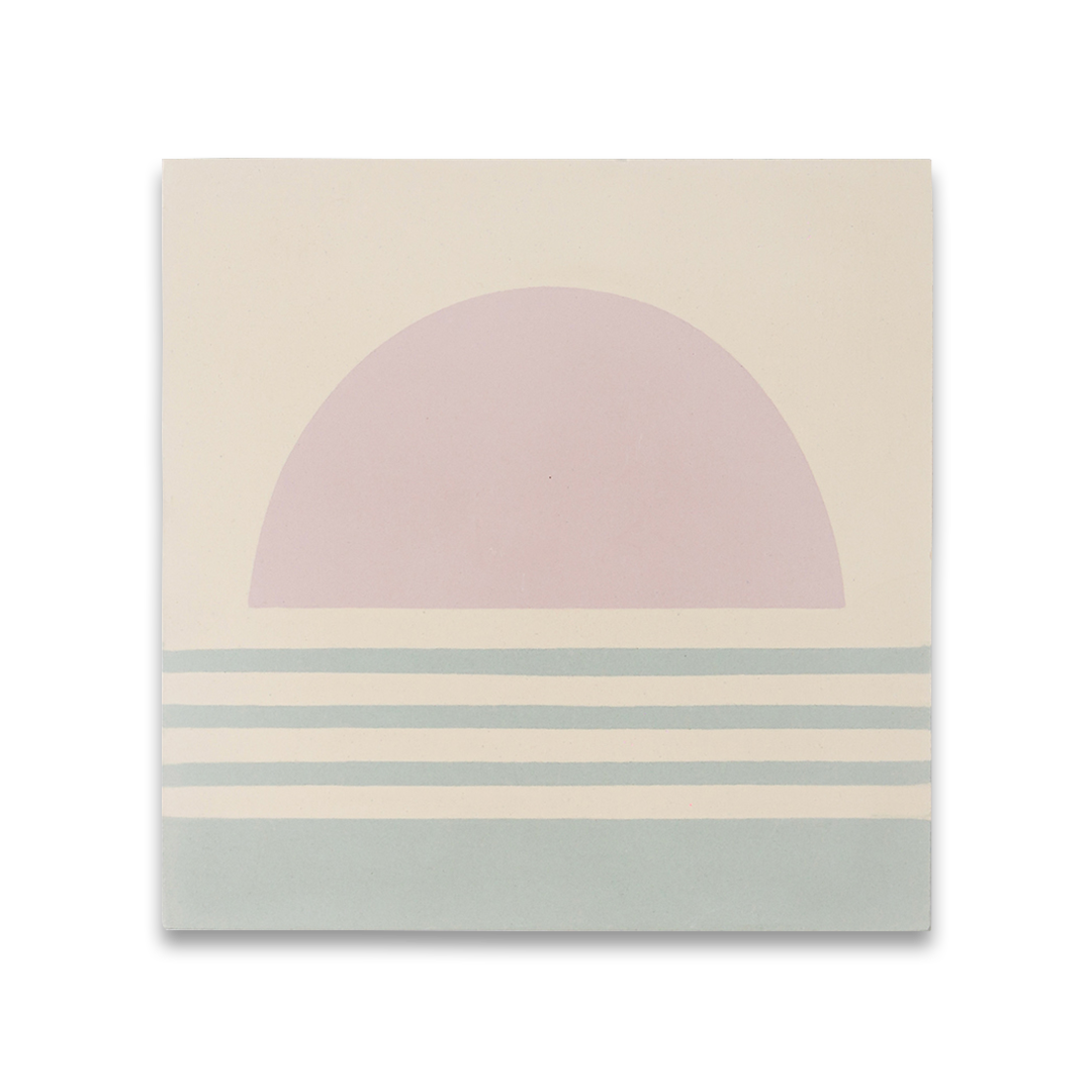 Decorative tile pattern showing a pink sun rising above horizontal blue and white wave-like stripes, designed with a minimalist and contemporary style.