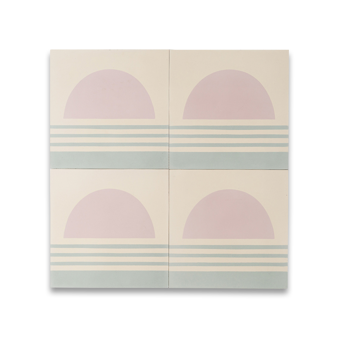 Decorative tile pattern showing a pink sun rising above horizontal blue and white wave-like stripes, designed with a minimalist and contemporary style.