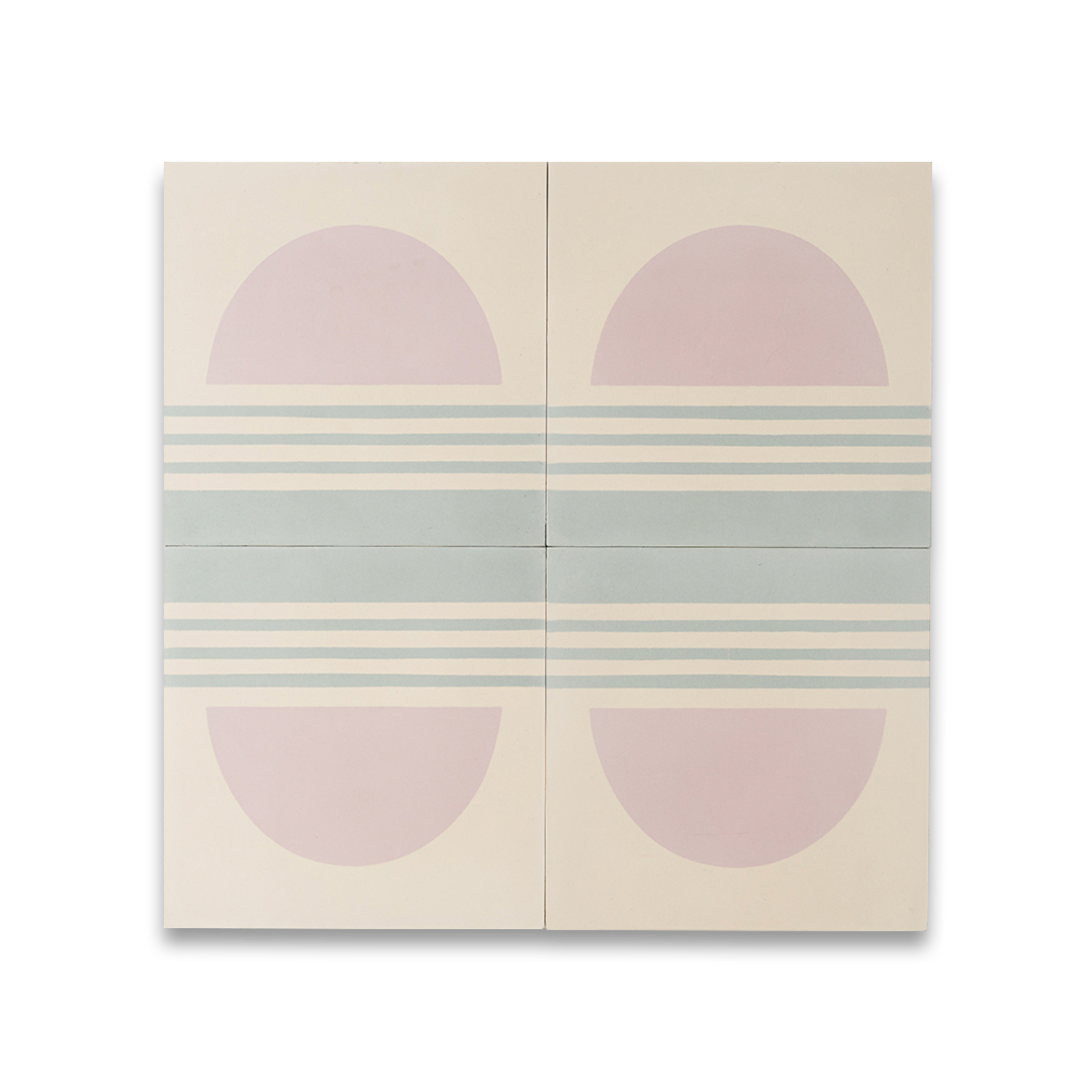 Decorative tile pattern showing a pink sun rising above horizontal blue and white wave-like stripes, designed with a minimalist and contemporary style.