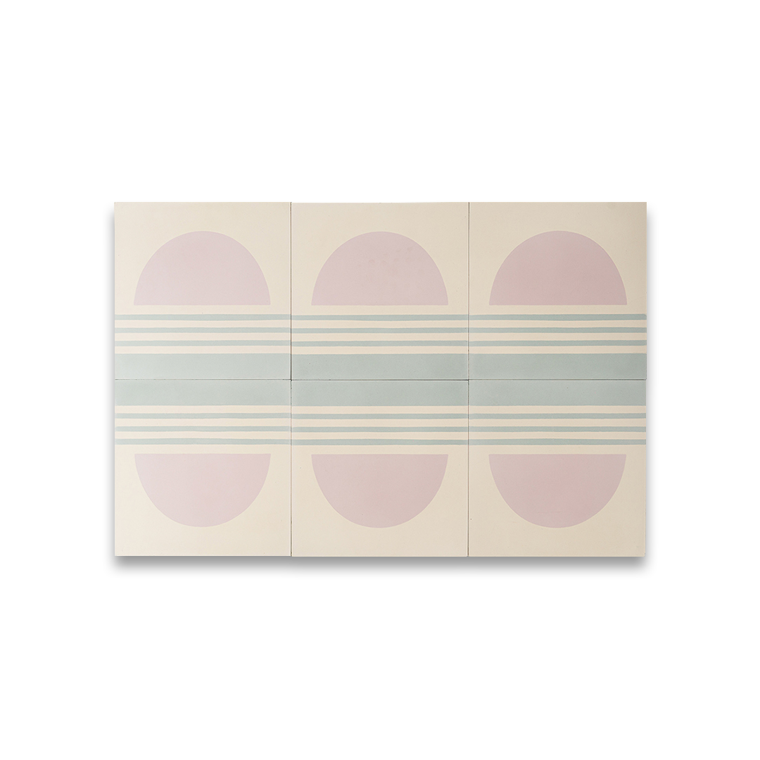 Decorative tile pattern showing a pink sun rising above horizontal blue and white wave-like stripes, designed with a minimalist and contemporary style.