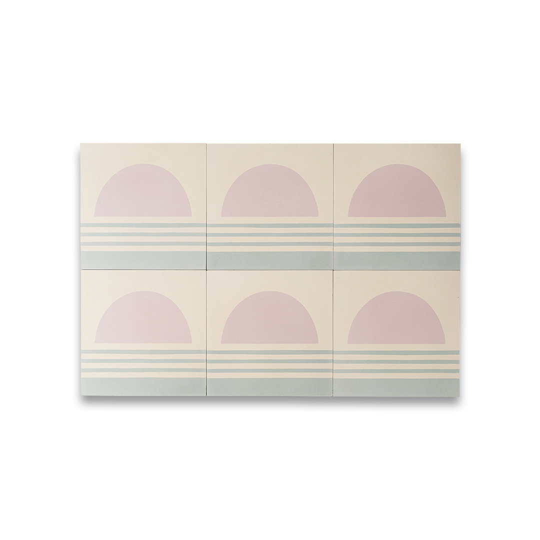 Decorative tile pattern showing a pink sun rising above horizontal blue and white wave-like stripes, designed with a minimalist and contemporary style.
