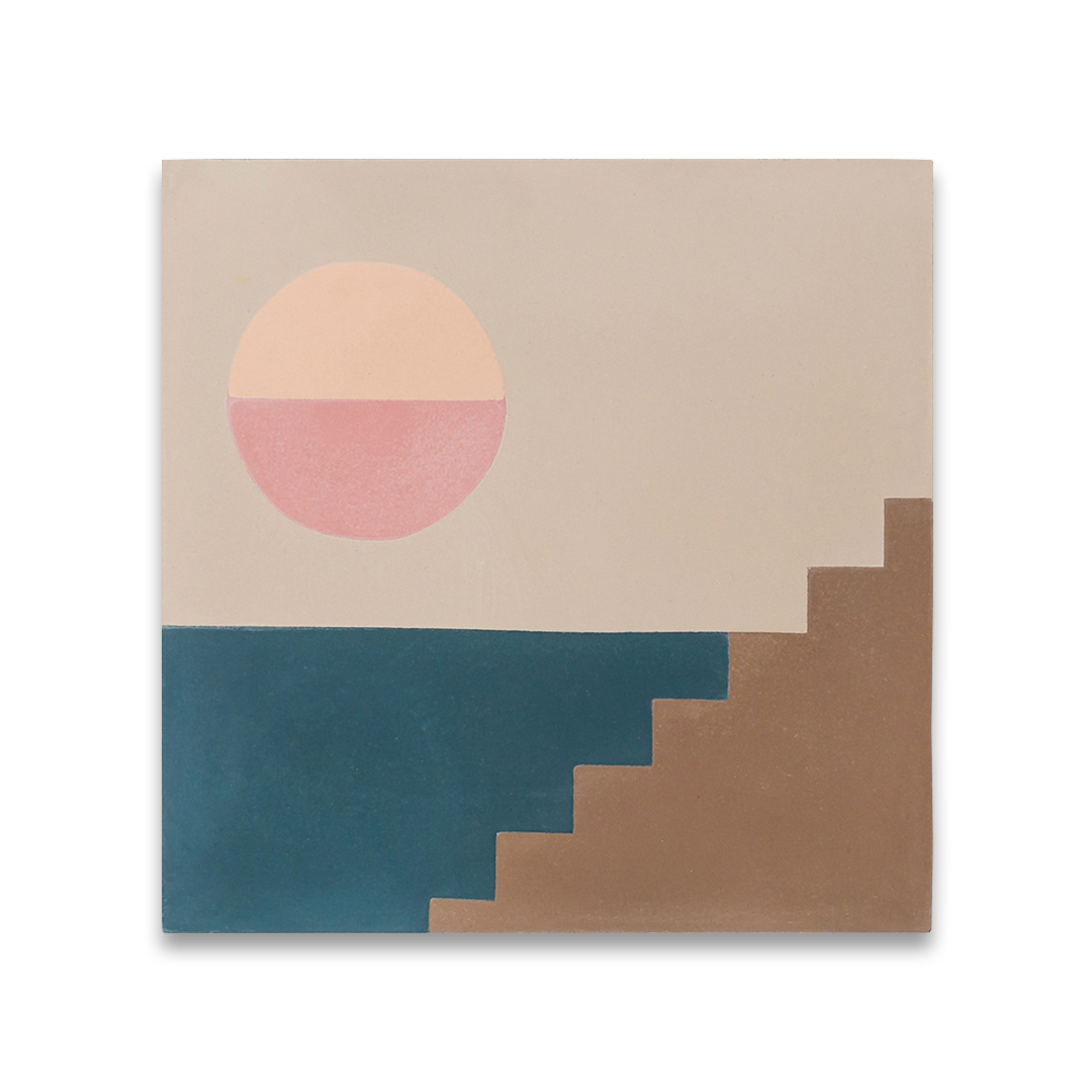 A geometric block pattern in beige, brown, and teal tones with a matte finish, ideal for modern, minimalist, or contemporary interior flooring and wall décor applications.