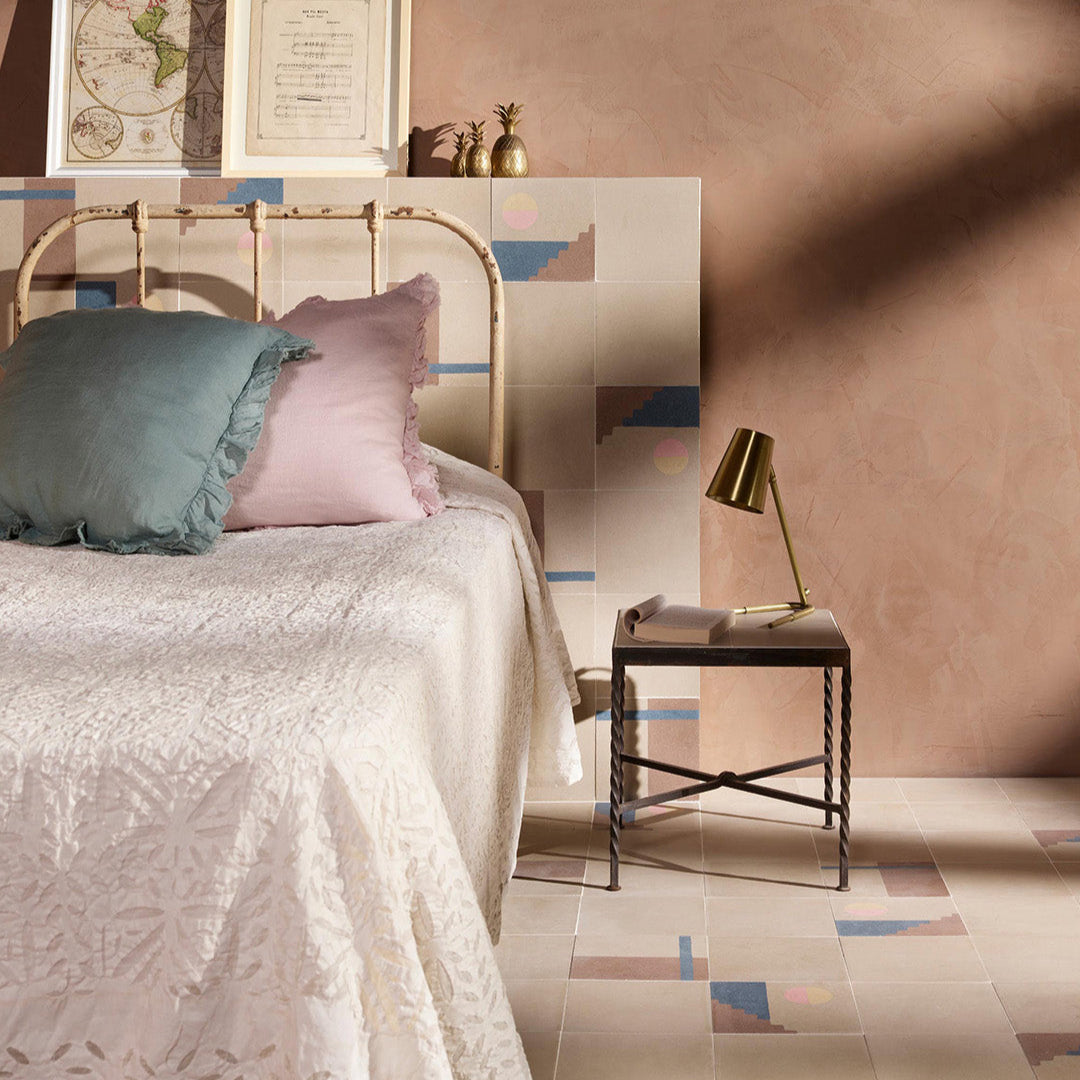 A geometric block pattern in beige, brown, and teal tones with a matte finish, ideal for modern, minimalist, or contemporary interior flooring and wall décor applications.
