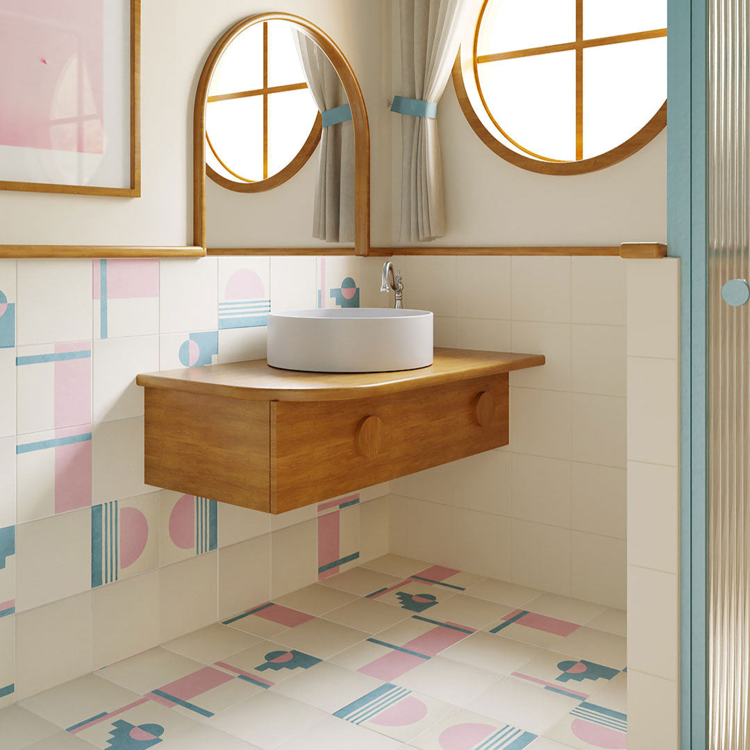 Pastel Eclipse cement tile featuring a geometric design with a half-circle sun, stepped blue pattern, and vertical pink stripe on a cream base, matte finish, ideal for modern, retro, or artistic interiors