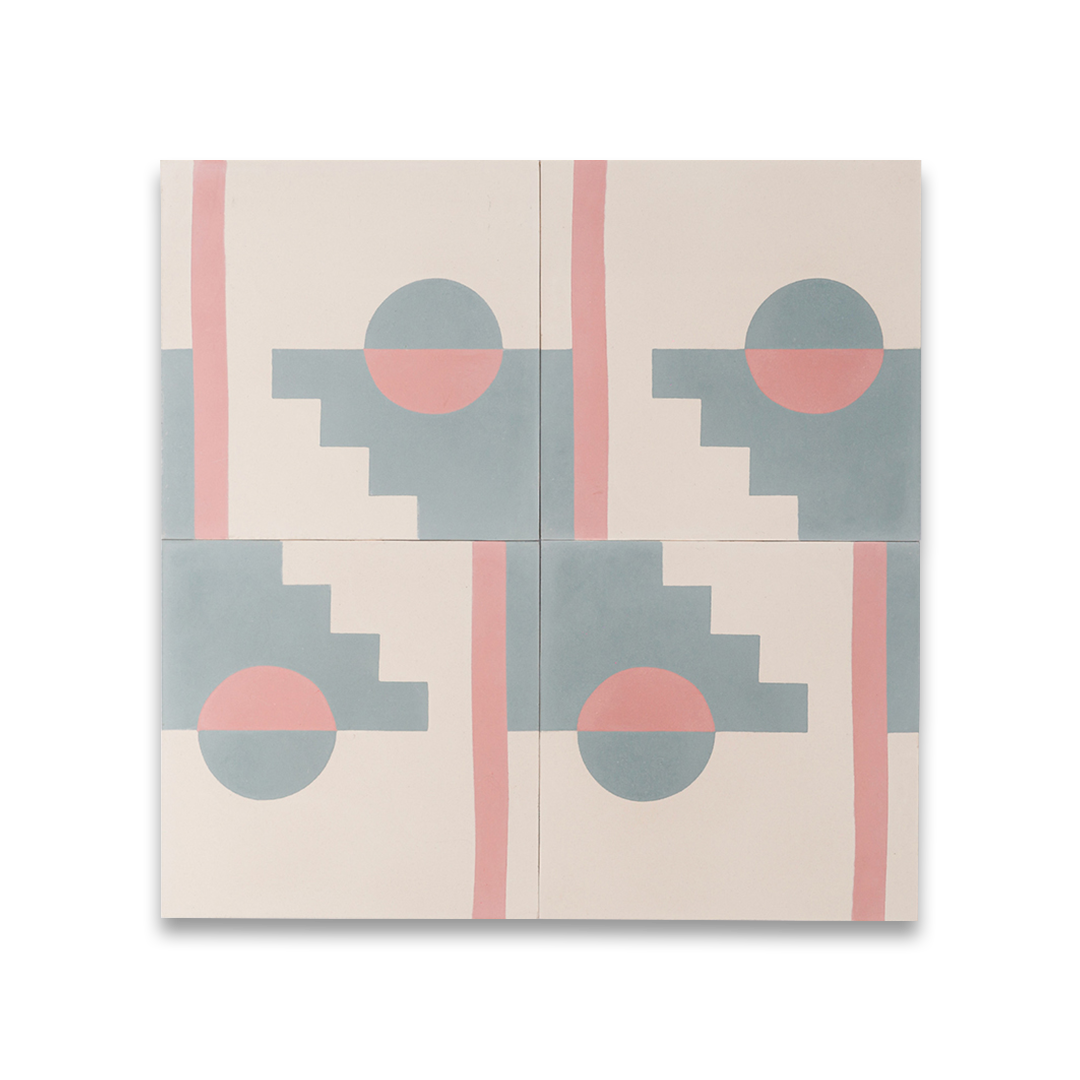 Pastel Eclipse cement tile featuring a geometric design with a half-circle sun, stepped blue pattern, and vertical pink stripe on a cream base, matte finish, ideal for modern, retro, or artistic interiors