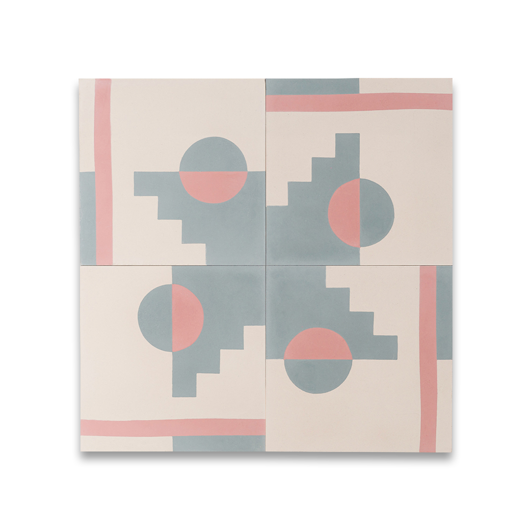 Pastel Eclipse cement tile featuring a geometric design with a half-circle sun, stepped blue pattern, and vertical pink stripe on a cream base, matte finish, ideal for modern, retro, or artistic interiors