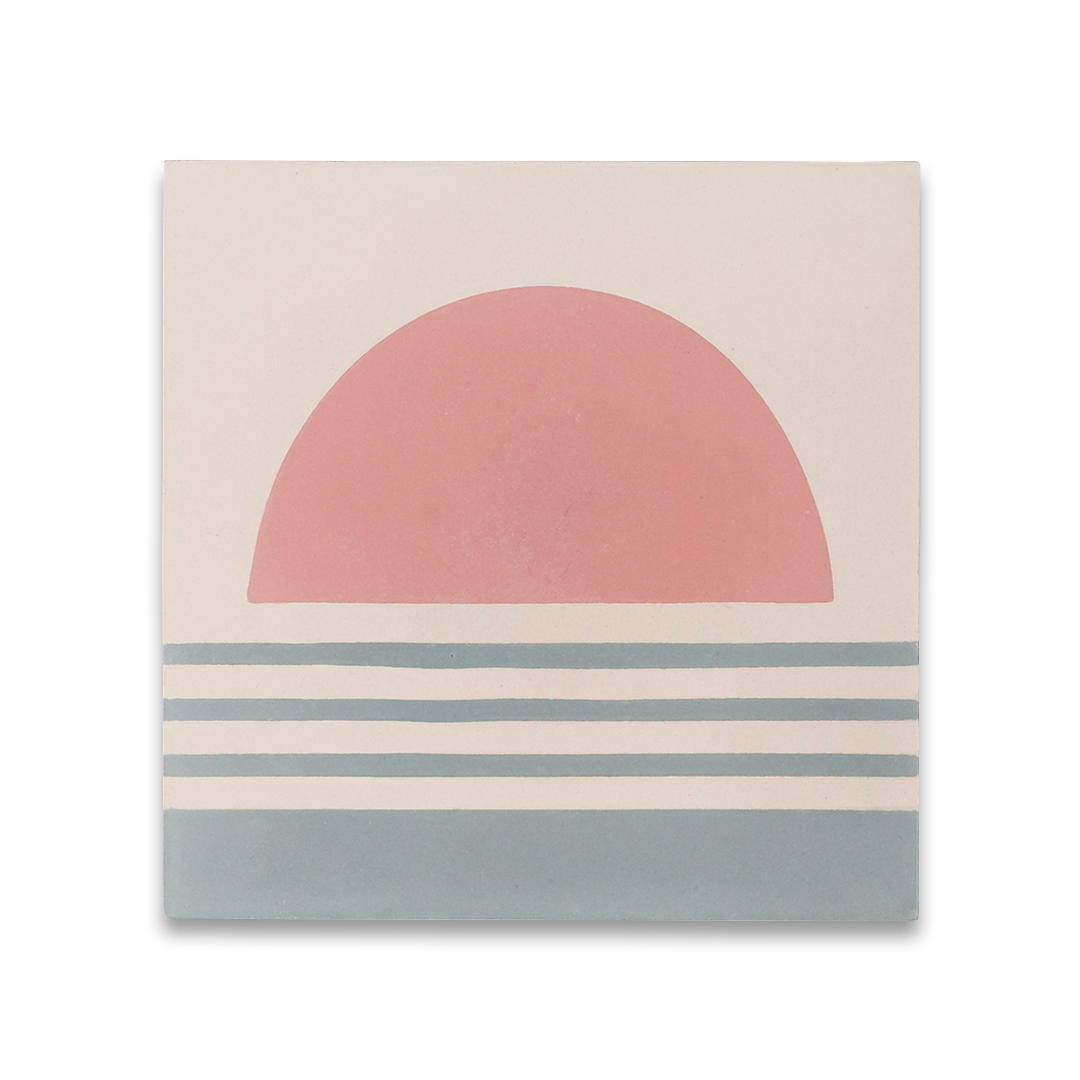 Sunset Stripes cement tile featuring a large pink semicircle sun above soft blue horizontal lines on a cream base, matte finish, ideal for coastal, bohemian, or modern interior wall and floor décor.