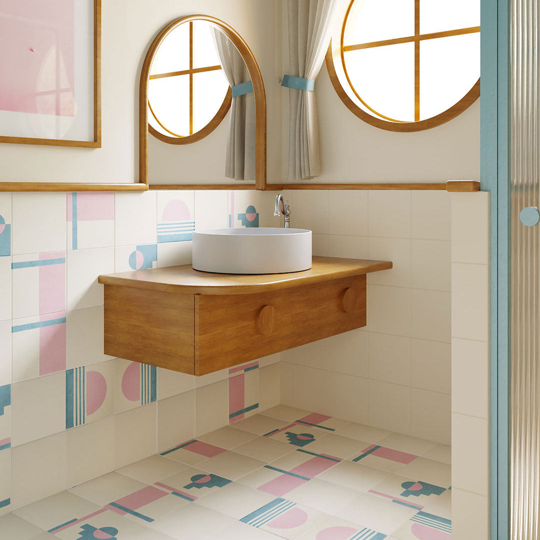 Sunset Stripes cement tile featuring a large pink semicircle sun above soft blue horizontal lines on a cream base, matte finish, ideal for coastal, bohemian, or modern interior wall and floor décor.