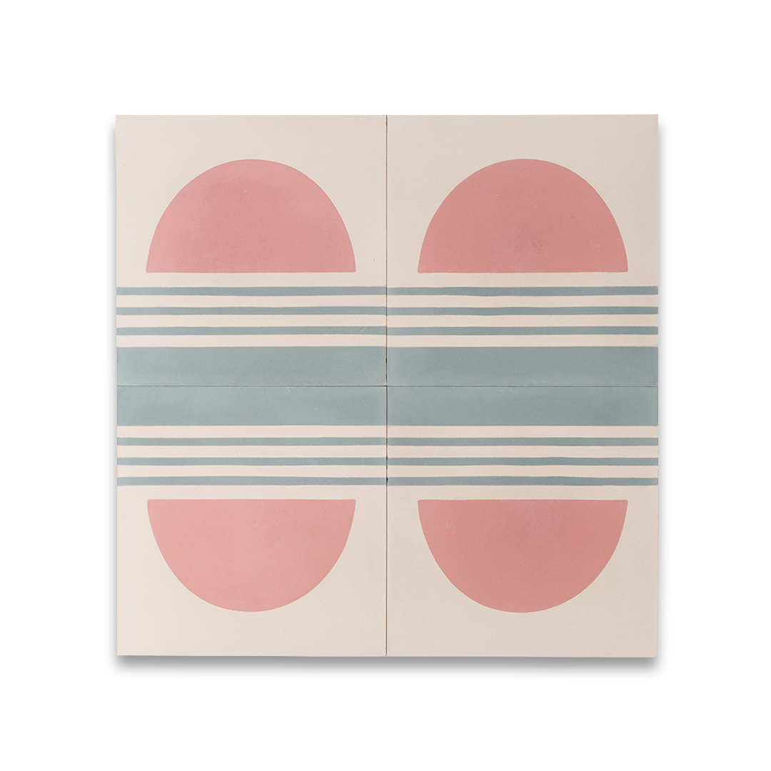 Sunset Stripes cement tile featuring a large pink semicircle sun above soft blue horizontal lines on a cream base, matte finish, ideal for coastal, bohemian, or modern interior wall and floor décor.
