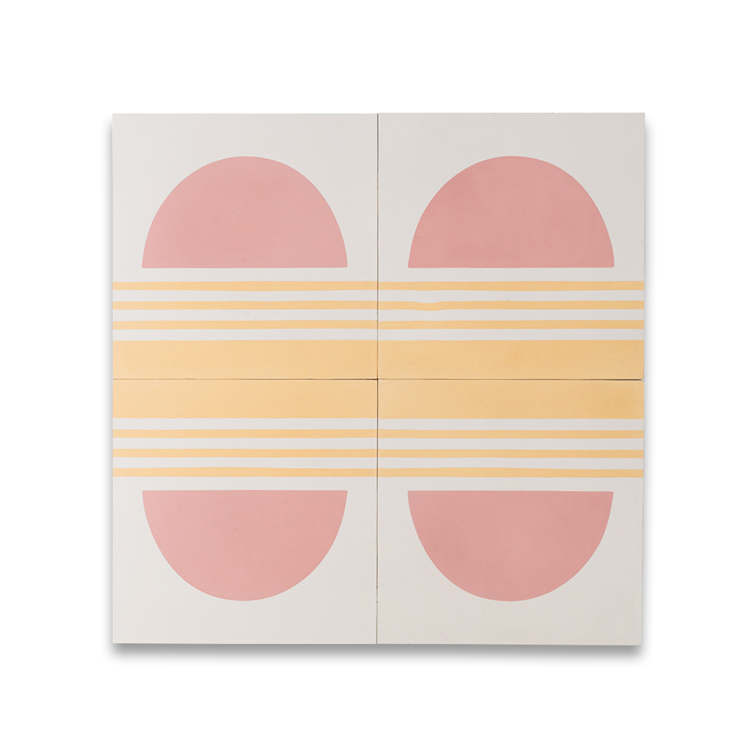 Square cement tile featuring a minimalist sunset design with a pink semicircle sun above soft yellow horizontal stripes, matte finish, ideal for modern, coastal, or bohemian interior wall and floor décor.