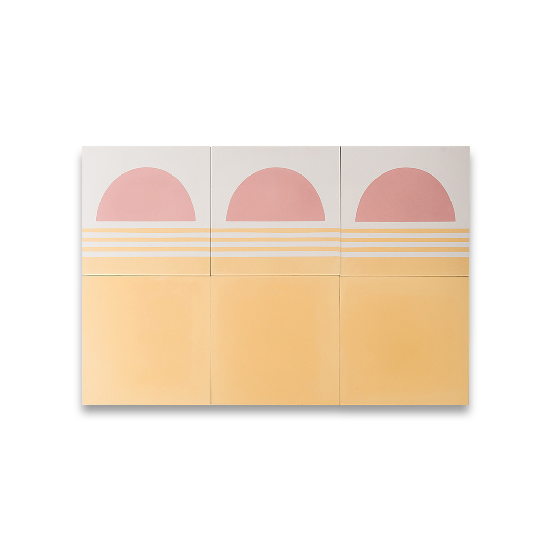 Square cement tile featuring a minimalist sunset design with a pink semicircle sun above soft yellow horizontal stripes, matte finish, ideal for modern, coastal, or bohemian interior wall and floor décor.
