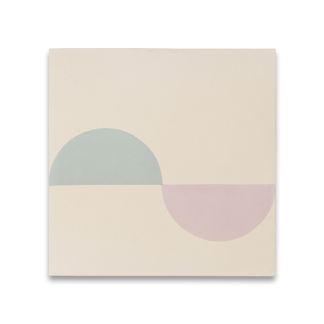 Surfside-inspired cement tile featuring pastel blue and blush pink semicircles on a cream background, creating a modern coastal aesthetic with soft geometric balance and minimalist charm.
