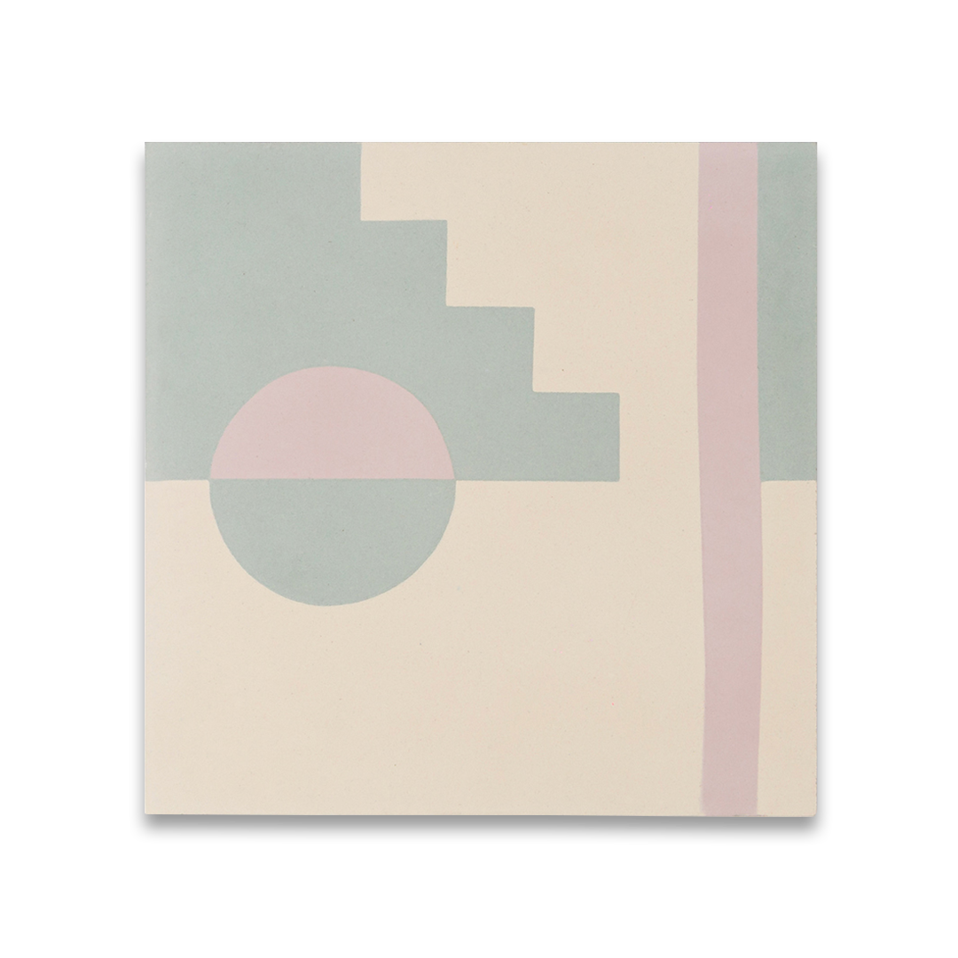 Surfside-inspired cement tile featuring pastel blue and blush pink geometric shapes, including a semicircle, staircase pattern, and vertical stripe on a cream background, creating a modern coastal aesthetic.
