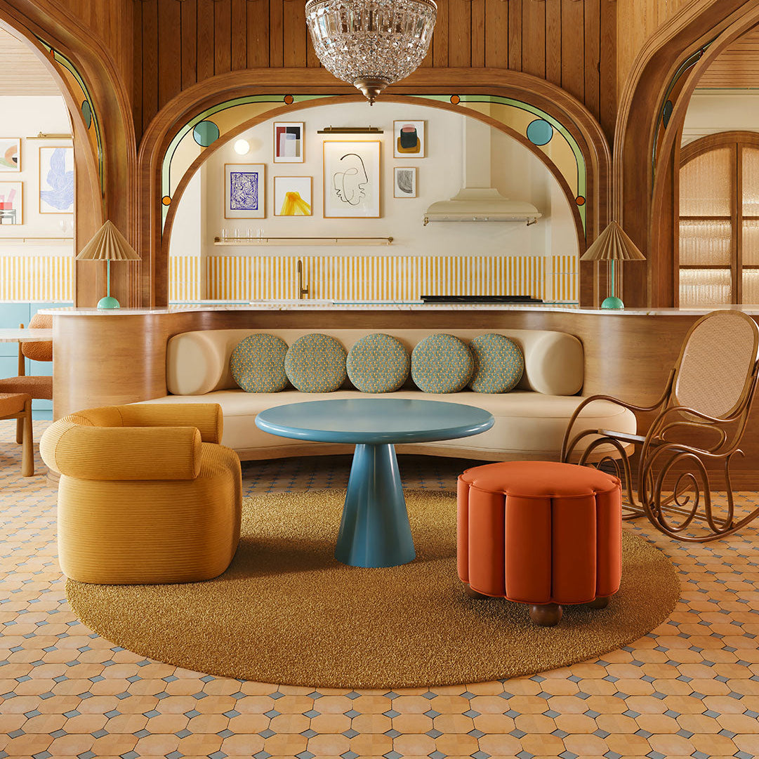 Luxurious interior with a chandelier, wooden furniture, and decorative elements.