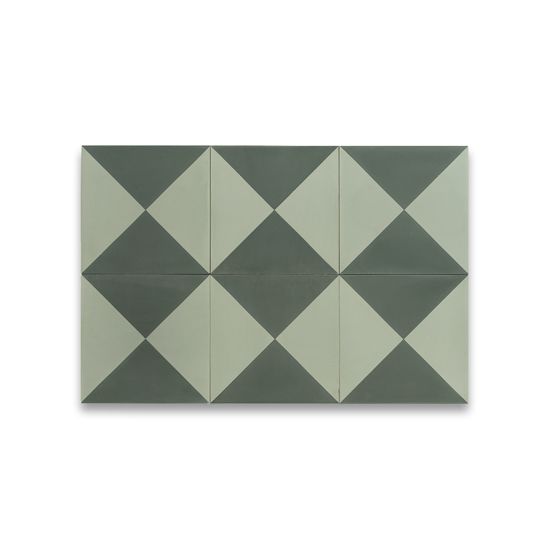 A geometric hourglass pattern with alternating light gray and dark green triangles, matte finish, ideal for modern, minimalist, or Scandinavian interior flooring and wall designs.