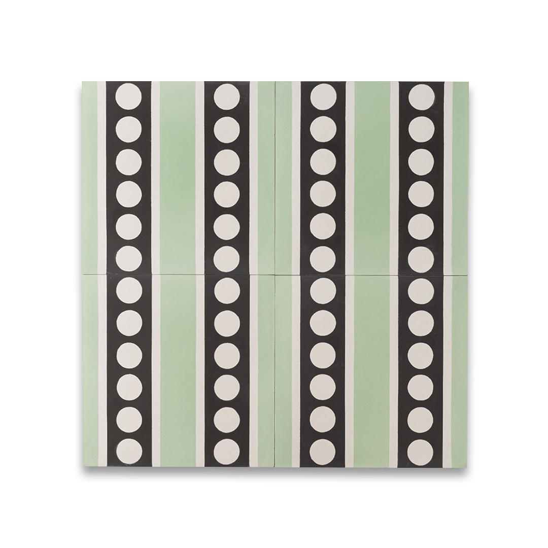 An alternating mint green and black vertical stripes with white polka dots, matte finish, ideal for retro, modern, or geometric interior flooring and wall décor applications.