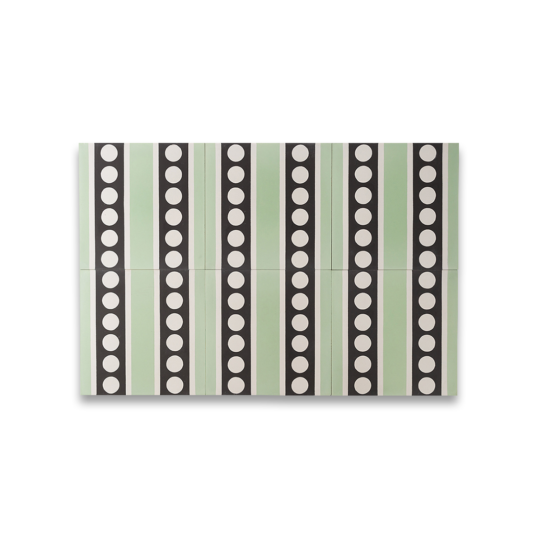 An alternating mint green and black vertical stripes with white polka dots, matte finish, ideal for retro, modern, or geometric interior flooring and wall décor applications.
