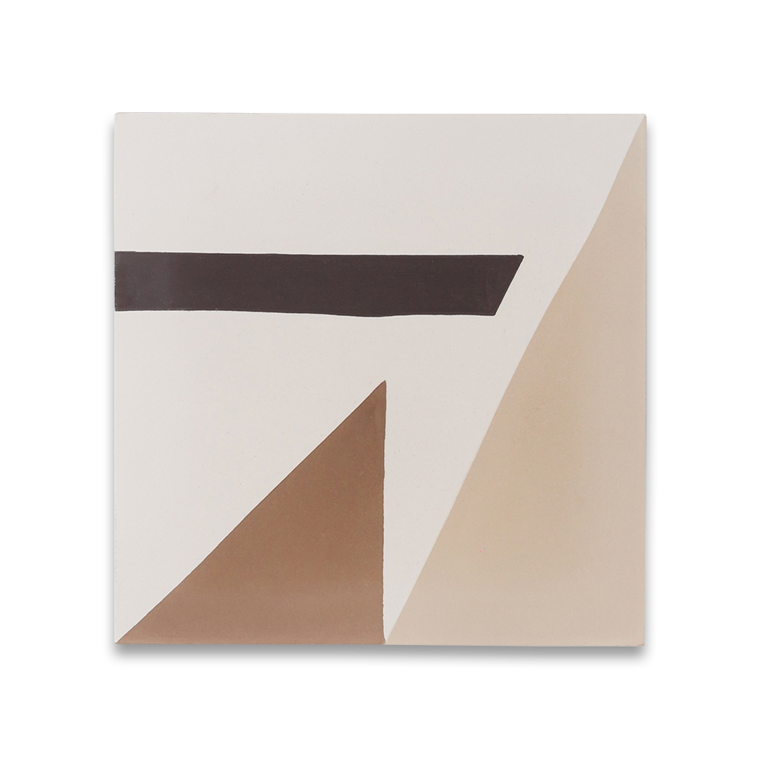 Beige and brown cement tile featuring bold geometric triangles and angular shapes with a matte finish, ideal for modern interiors, accent walls, or contemporary floor patterns.