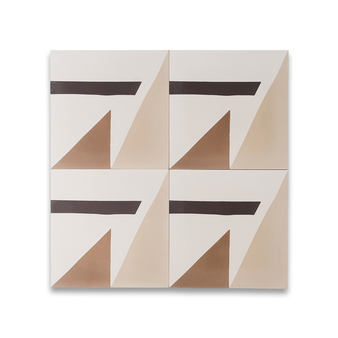 Beige and brown cement tile featuring bold geometric triangles and angular shapes with a matte finish, ideal for modern interiors, accent walls, or contemporary floor patterns.