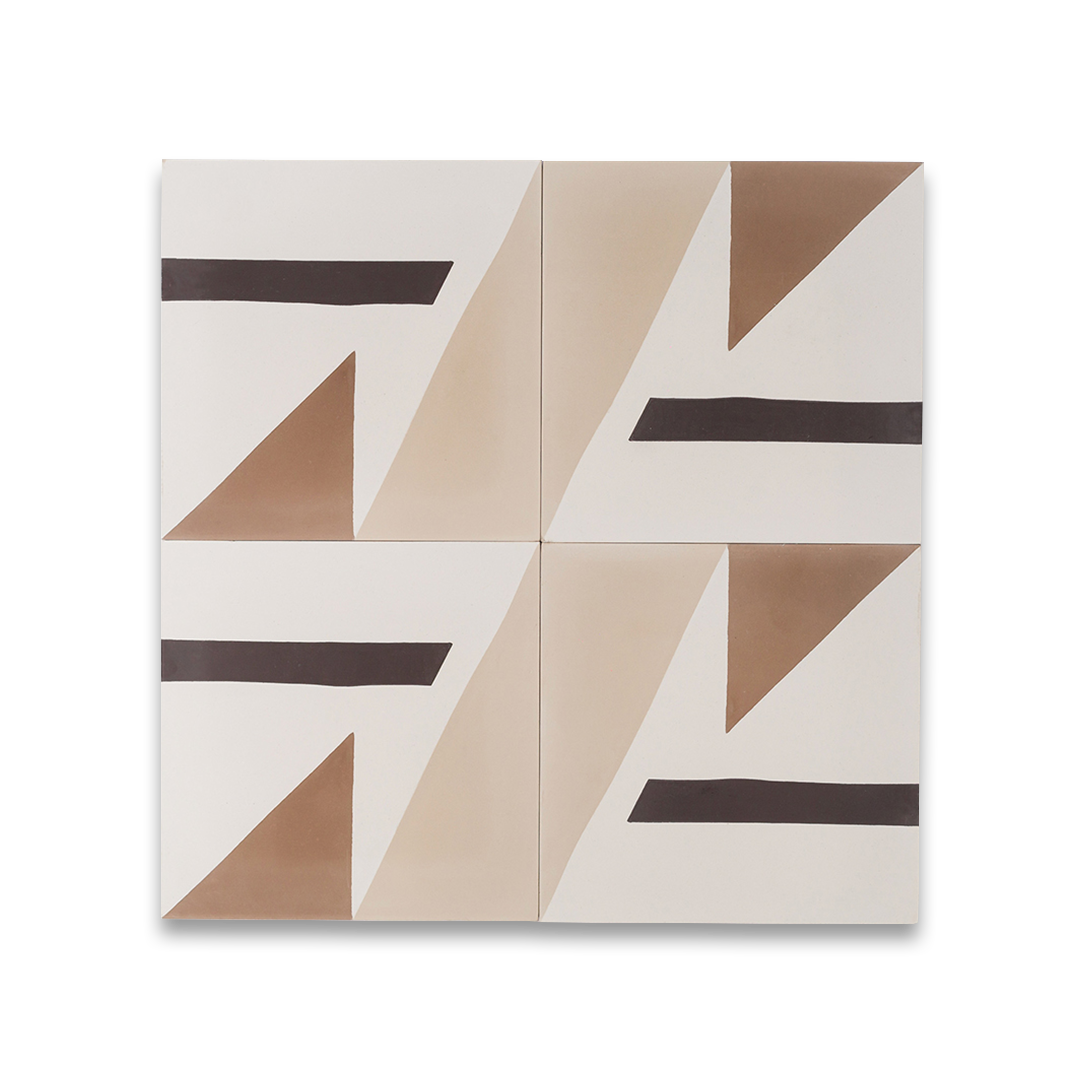 Beige and brown cement tile featuring bold geometric triangles and angular shapes with a matte finish, ideal for modern interiors, accent walls, or contemporary floor patterns.