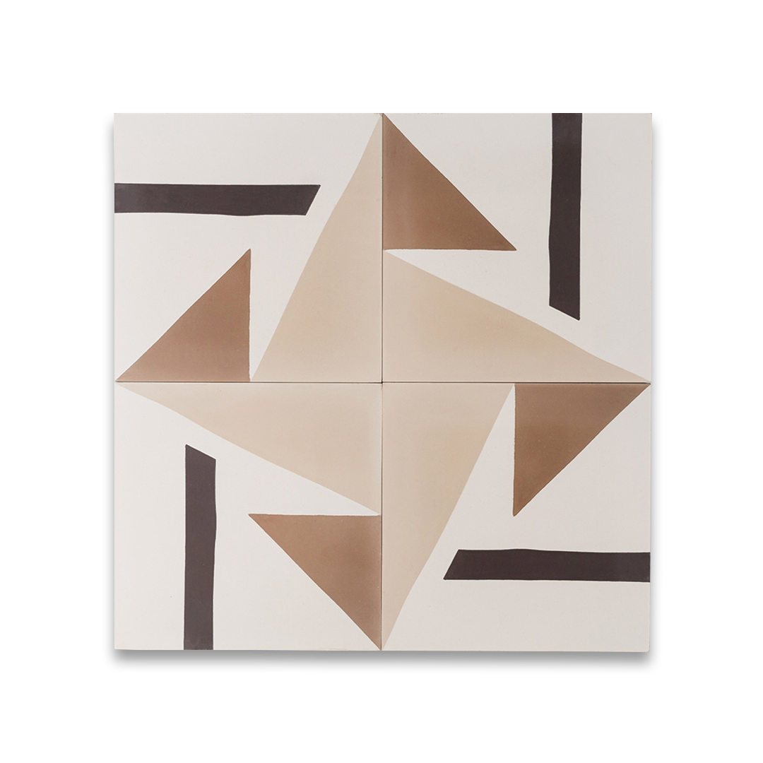 Beige and brown cement tile featuring bold geometric triangles and angular shapes with a matte finish, ideal for modern interiors, accent walls, or contemporary floor patterns.