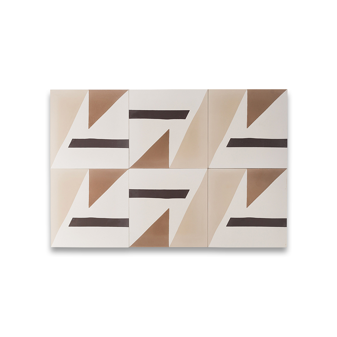 Beige and brown cement tile featuring bold geometric triangles and angular shapes with a matte finish, ideal for modern interiors, accent walls, or contemporary floor patterns.