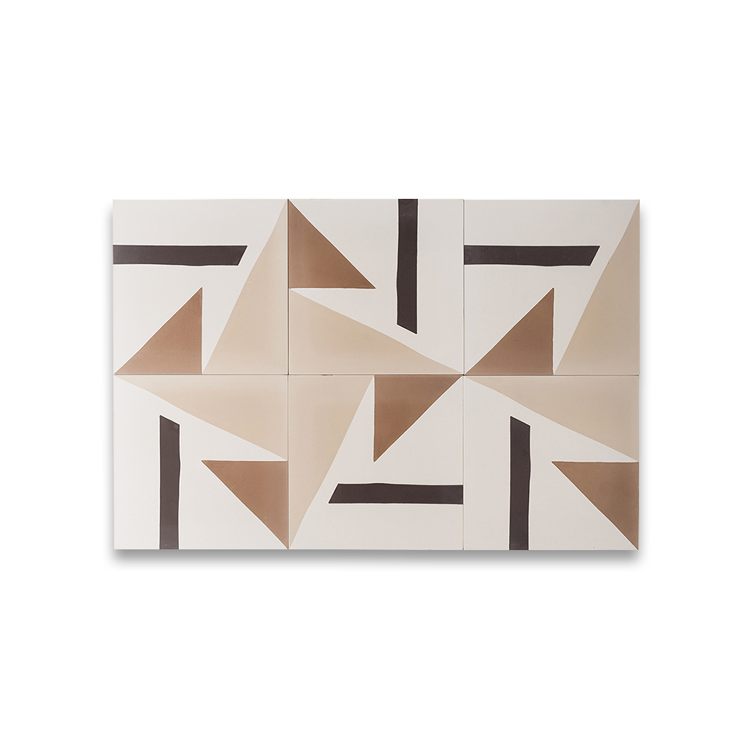 Beige and brown cement tile featuring bold geometric triangles and angular shapes with a matte finish, ideal for modern interiors, accent walls, or contemporary floor patterns.
