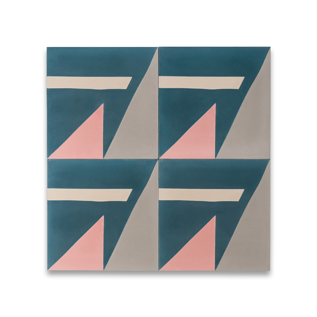 Cement tile featuring geometric shapes in teal blue, blush pink, beige, and gray tones, matte finish, ideal for modern, abstract, or contemporary interior flooring and wall décor applications.