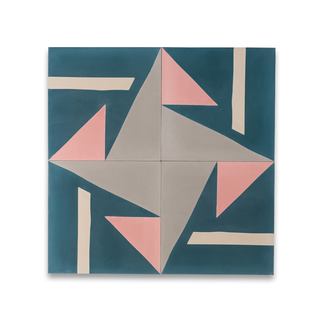 Cement tile featuring geometric shapes in teal blue, blush pink, beige, and gray tones, matte finish, ideal for modern, abstract, or contemporary interior flooring and wall décor applications.
