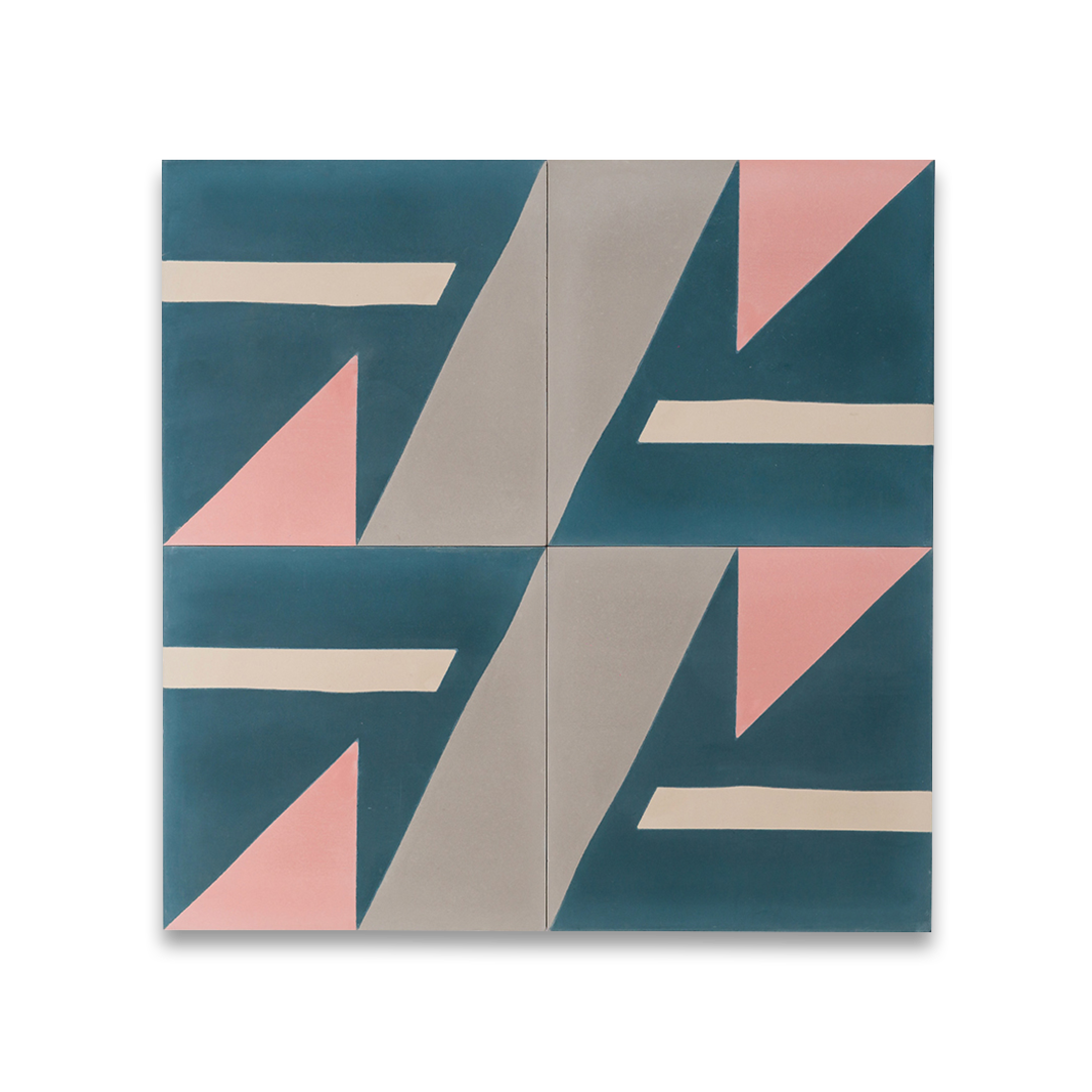 Cement tile featuring geometric shapes in teal blue, blush pink, beige, and gray tones, matte finish, ideal for modern, abstract, or contemporary interior flooring and wall décor applications.