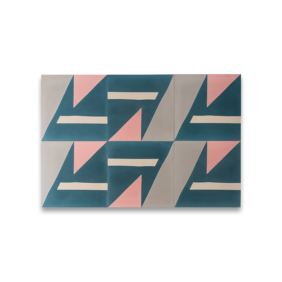 Cement tile featuring geometric shapes in teal blue, blush pink, beige, and gray tones, matte finish, ideal for modern, abstract, or contemporary interior flooring and wall décor applications.