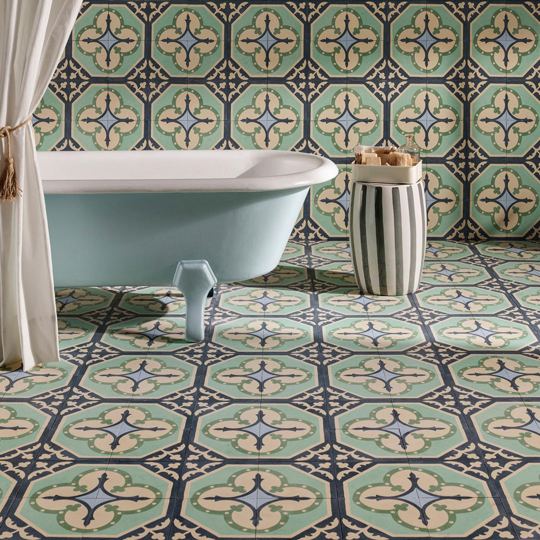 A decorative corner pattern with teal, mint green, and cream tones, floral and geometric motifs, matte finish, ideal for Mediterranean, vintage, or contemporary interior designs.