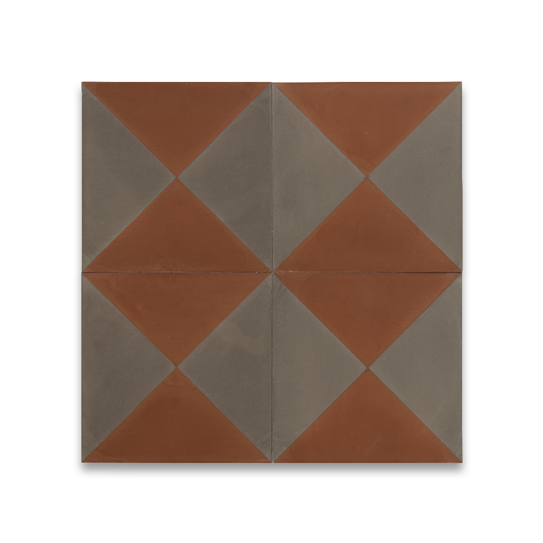 A geometric diamond pattern in terracotta brown and taupe gray tones, matte finish, ideal for rustic, industrial, or contemporary flooring and wall décor applications.