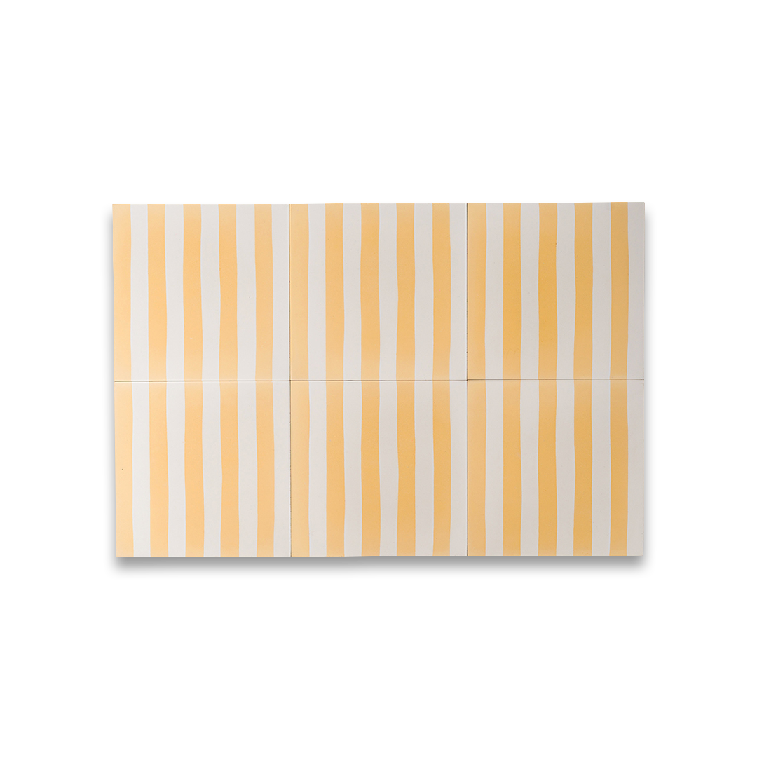Square cement tile featuring alternating vertical stripes in warm yellow and off-white tones, handcrafted matte finish, ideal for Mediterranean, coastal, or contemporary interior flooring and wall décor applications.